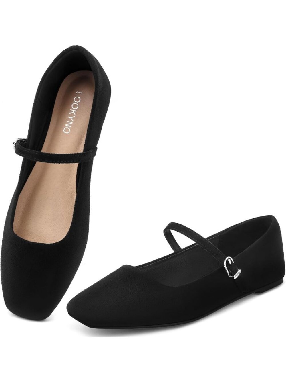 Women's Black Suede Closed Toe Adjustable Buckle Strap Square Toe Ballet Flats